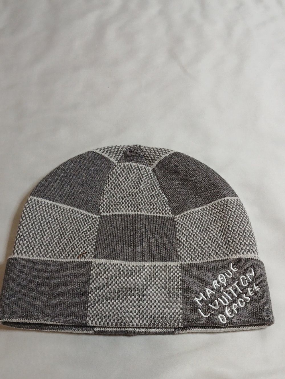 Louis Vuitton Gray & White Checker Knit Beanie